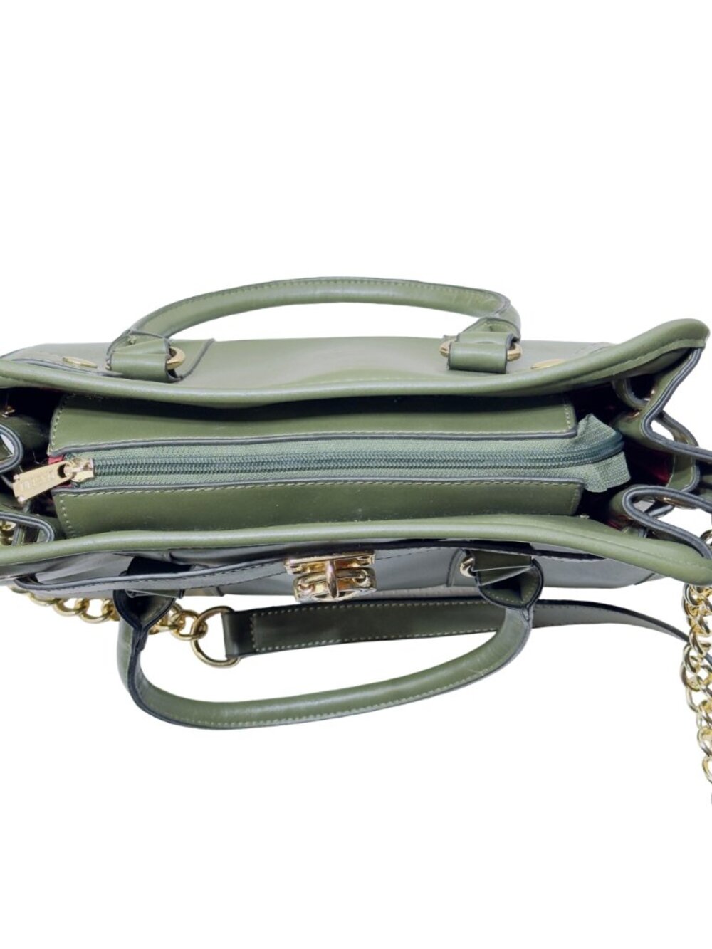 Dasein Vegan Leather Green Satchel Handbag With Gold Chain Strap Red Lining & Mu - Picture 9 of 13